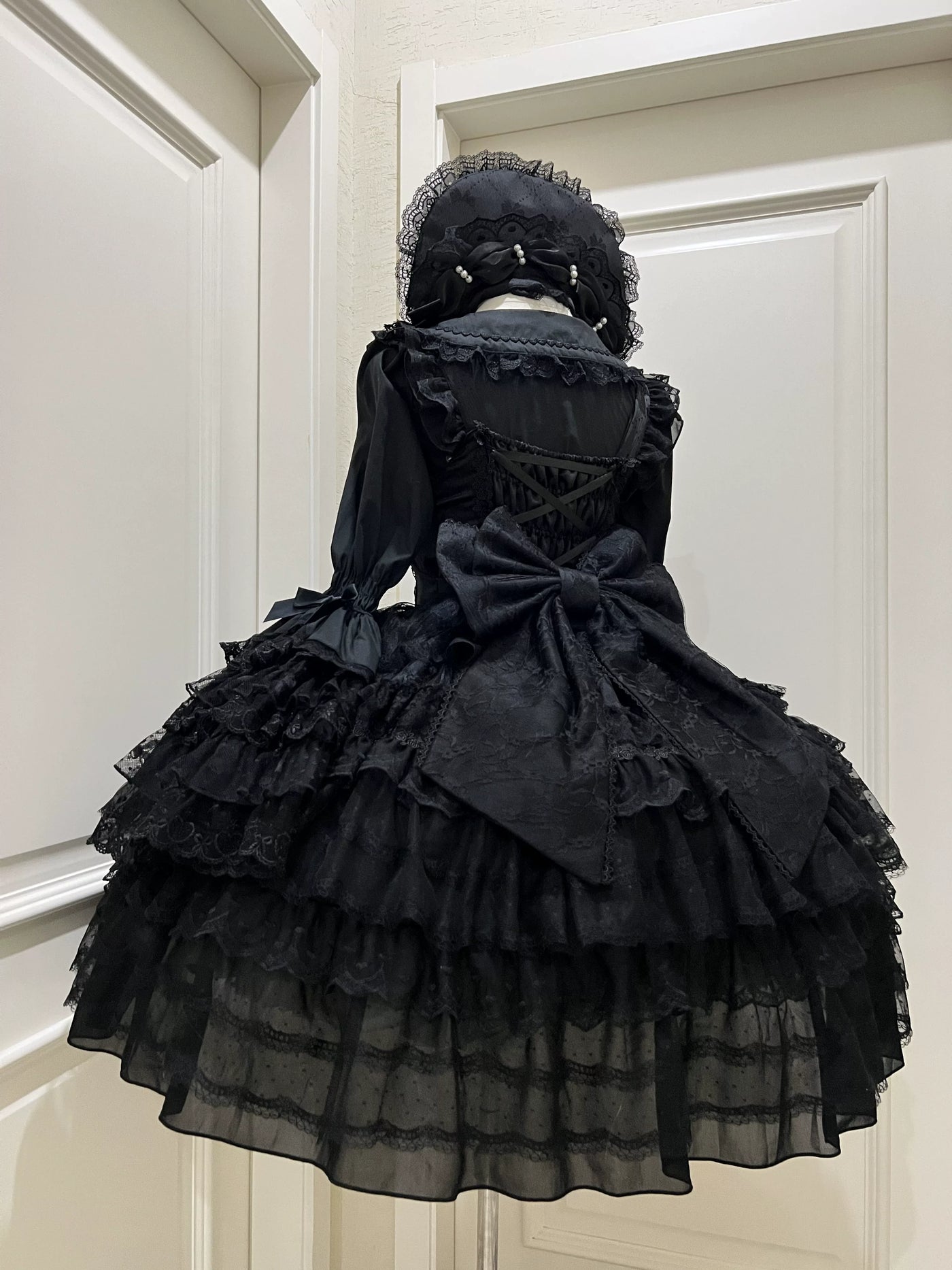 Dream Prelude - Dreamy Princess Lolita JSK Dress Suit, Tiered Lace Black JSK + Back Trailing Bow S
