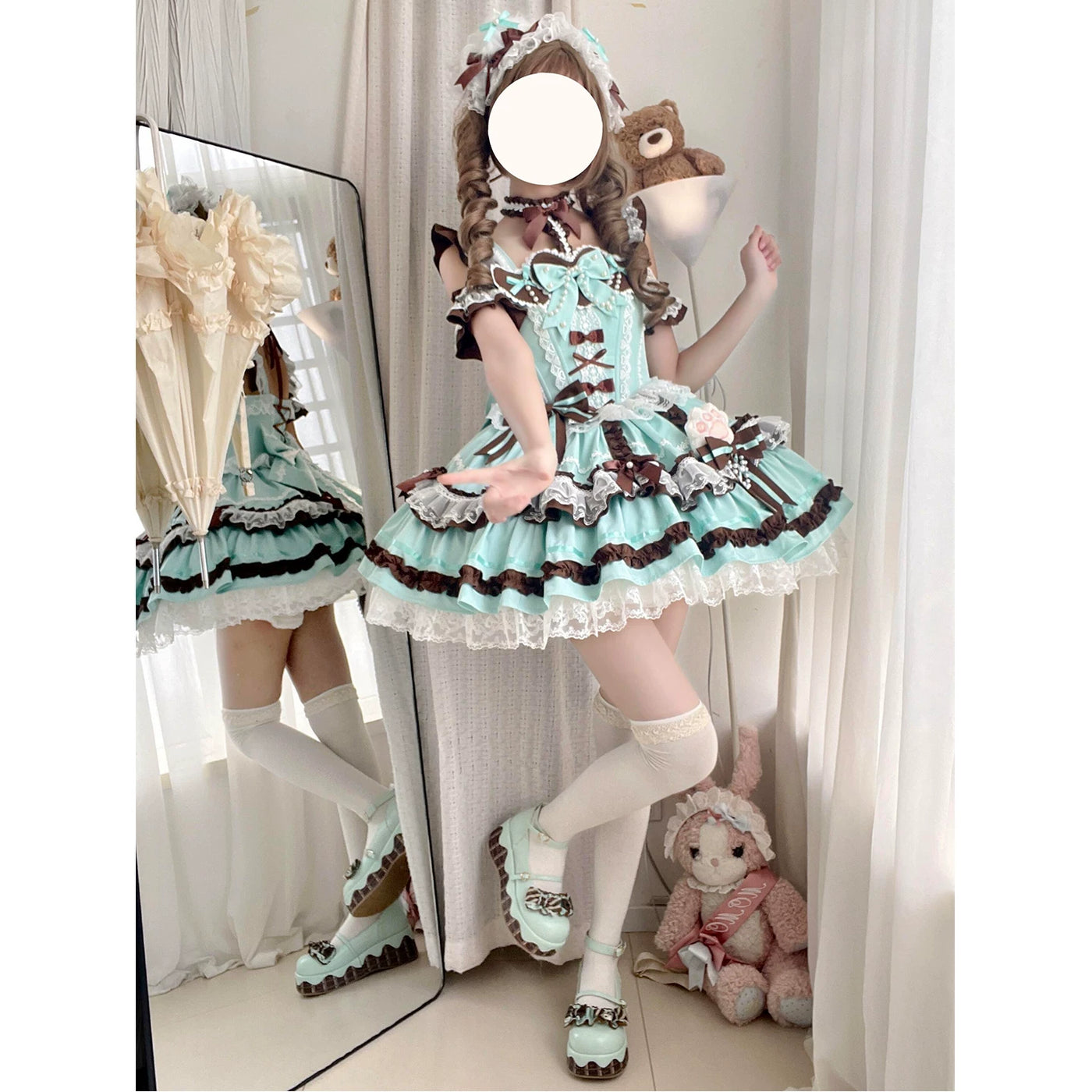 Creamy - Mint Chocolate Ribbon - Mint JSK dress set with chocolate-brown bows