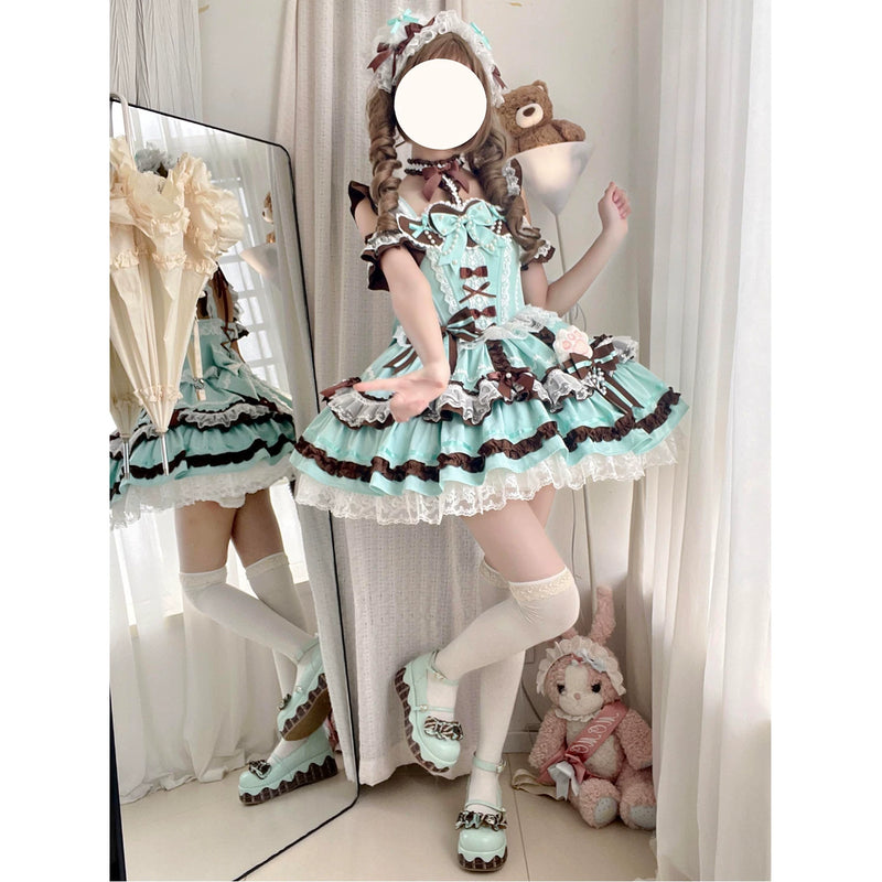 Creamy - Mint Chocolate Ribbon - Mint JSK dress set with chocolate-brown bows