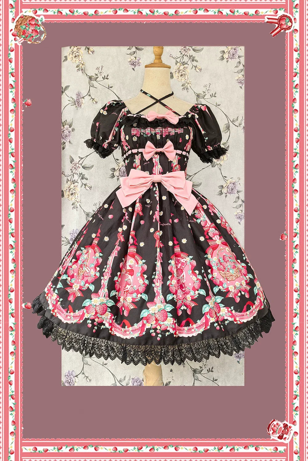Strawberry Chef - Printed Old School Lolita Dress, Detachable Bows Black OP S