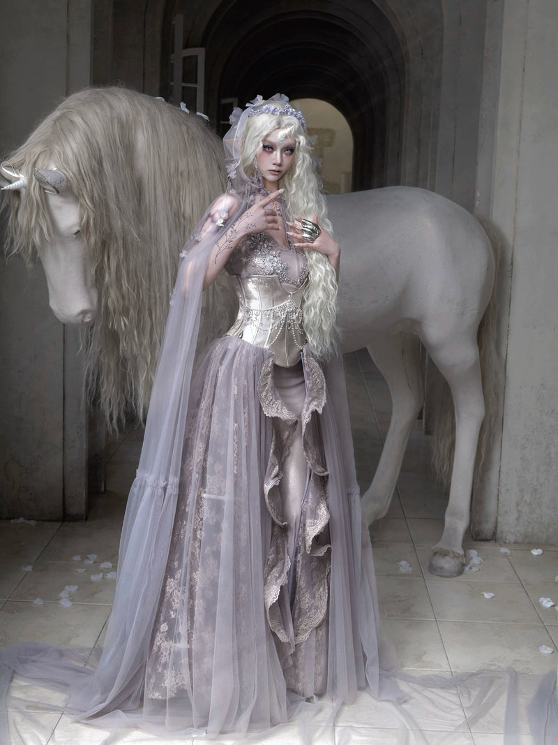 BLOOD SUPPLY: Moonlight Beast Spirit Silver Armor Waist Corset Set, product view 5
