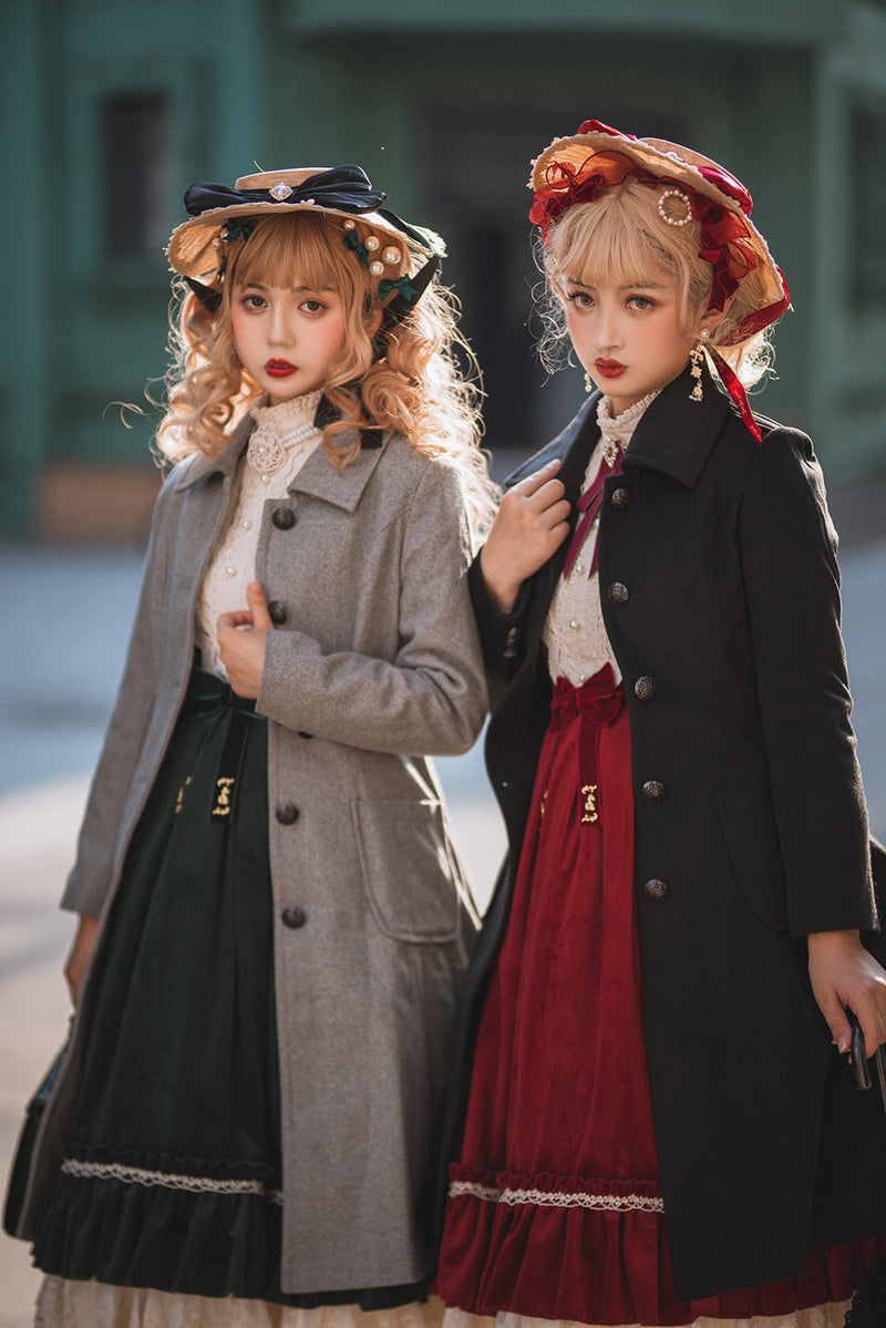Rose Silhouette - Vintage Woolen Cape Hooded Long Coat XS black coat + cape