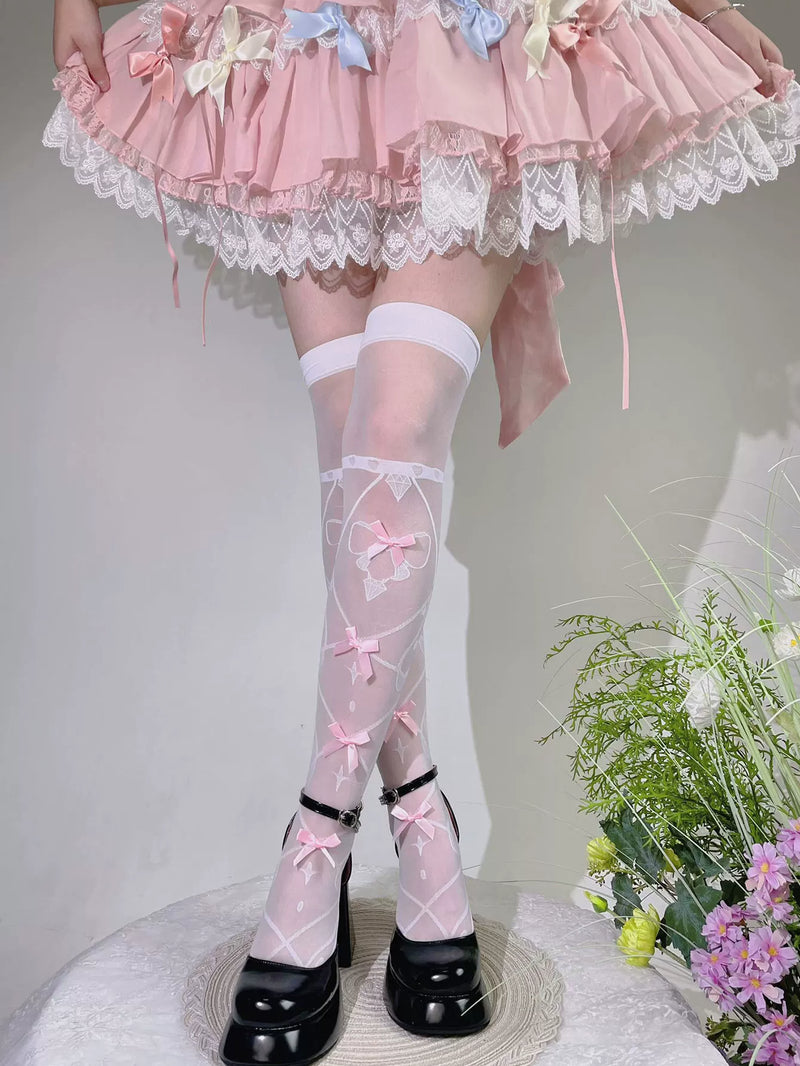 Fantasy Doll - Ribbon Jacquard - Over-the-knee jacquard socks with card-suit motifs