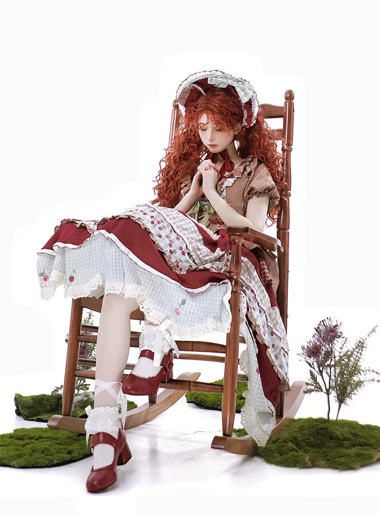 Baozi Pig - Cherry Pastoral - Red OP Dress with Cherry Print