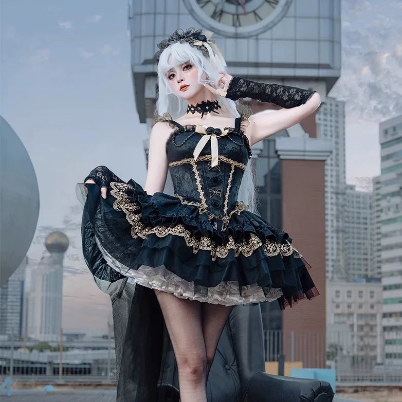 Zhijinyuan Shimmering Dream Jacquard JSK — Black and gold JSK bow detail
