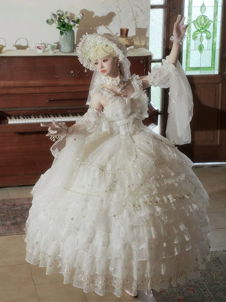 Front view of Dream Waltz lolita JSK with central bow bodice detail