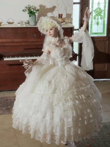 Cat Fairy - Dream Waltz - White Chiffon JSK Dress with Tiered Ruffles
