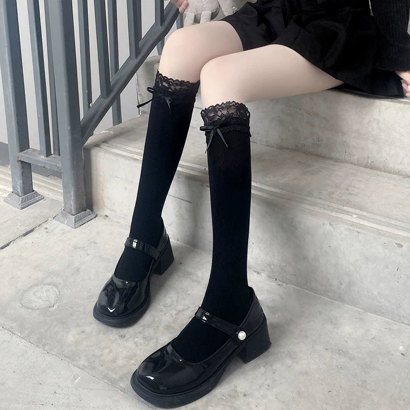 Floral Milk Cat - Ribbon Lace Cuff - Ribbed Calf Socks with Lace Cuffs and Bow Trim