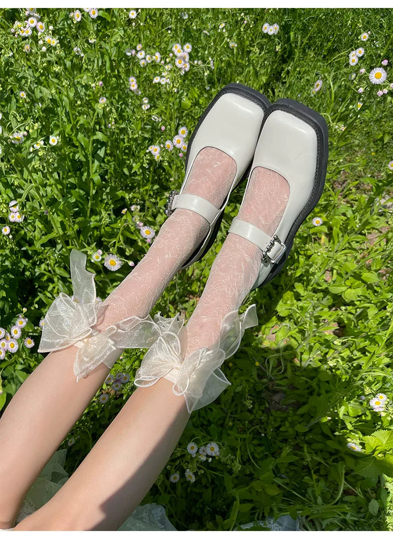 Sock Noble - Garden Ribbon - Mid-Calf Socks with a Floral Pattern and Sheer Bows