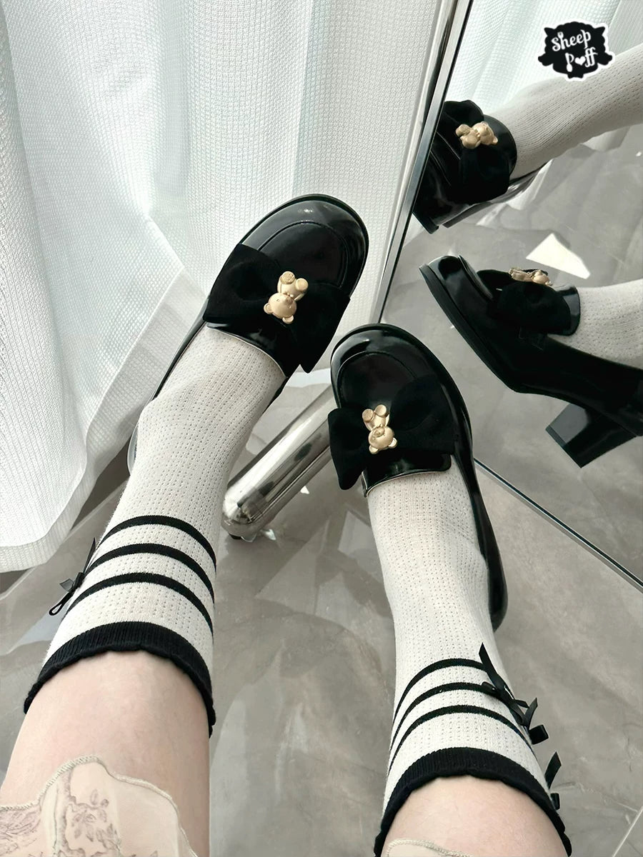 Sheep Puff retro bear Lolita shoes with cute puff design, white and pastel accents, showcasing the detailed footwear style.