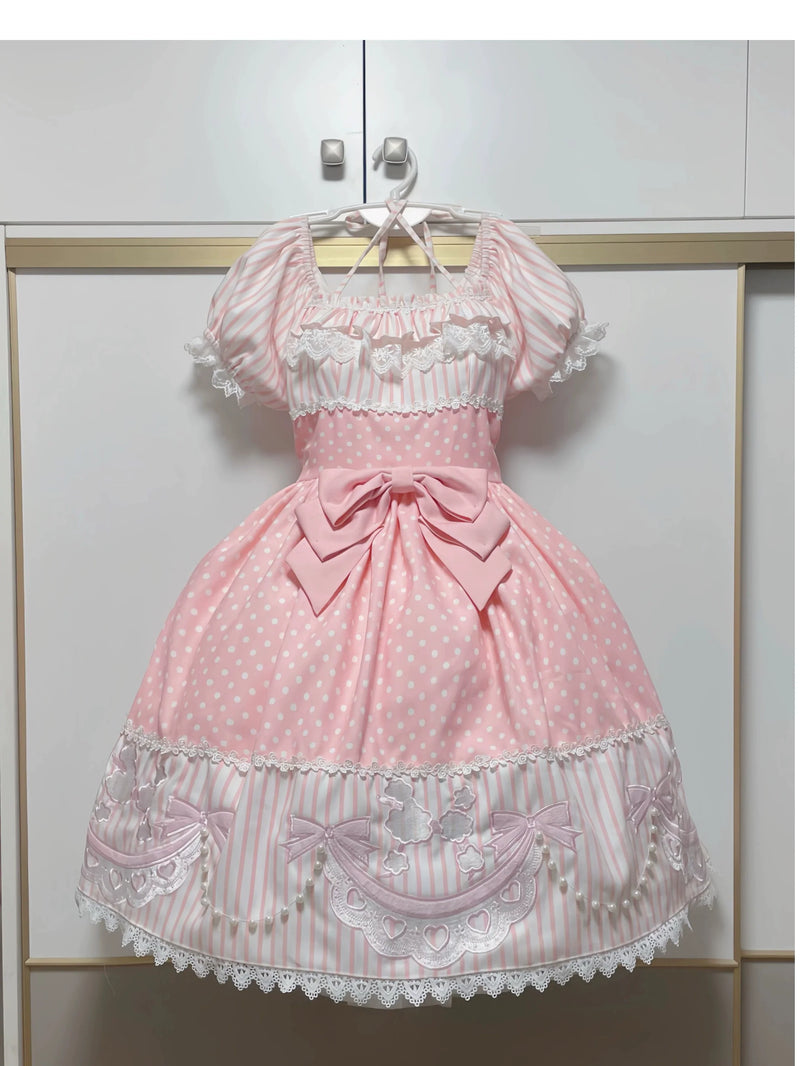 Poodle - Polka Dot Old School Lolita OP Dress, Poodle Embroidery Pink OP Only S