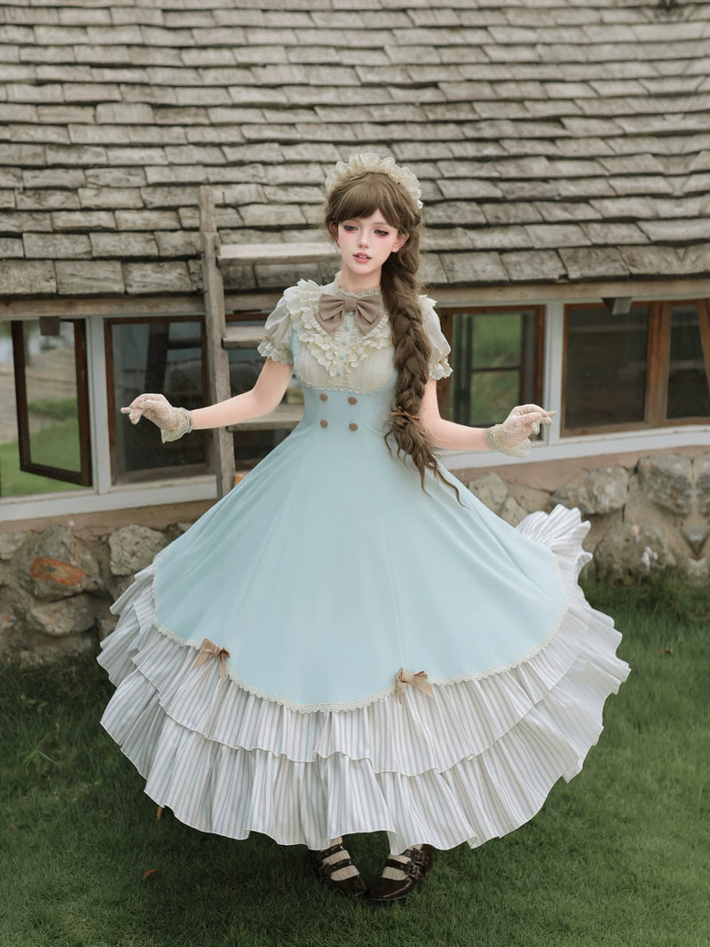 With PUJI - Sea Salt Snow Crest - Lolita OP Dress, Ruffle Trim & Stand Collar detail view 4
