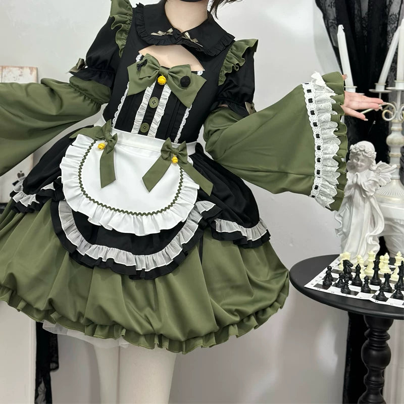 Lady Han Oath Maid cute Lolita dress with lace details, white apron, and bow accents, styled as a maid costume for women.