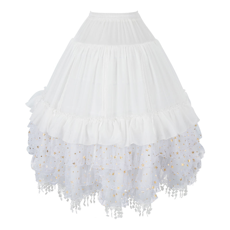 White layered Lolita petticoat with lace and star-patterned tiers