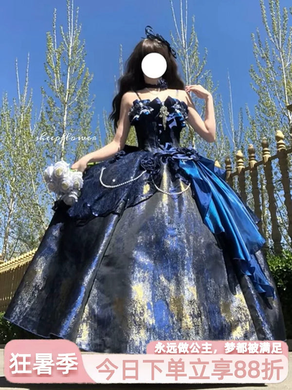 Flora Muse Cosmic Floating Light lolita embellished ball gown in blue with sweetheart neckline and voluminous skirt