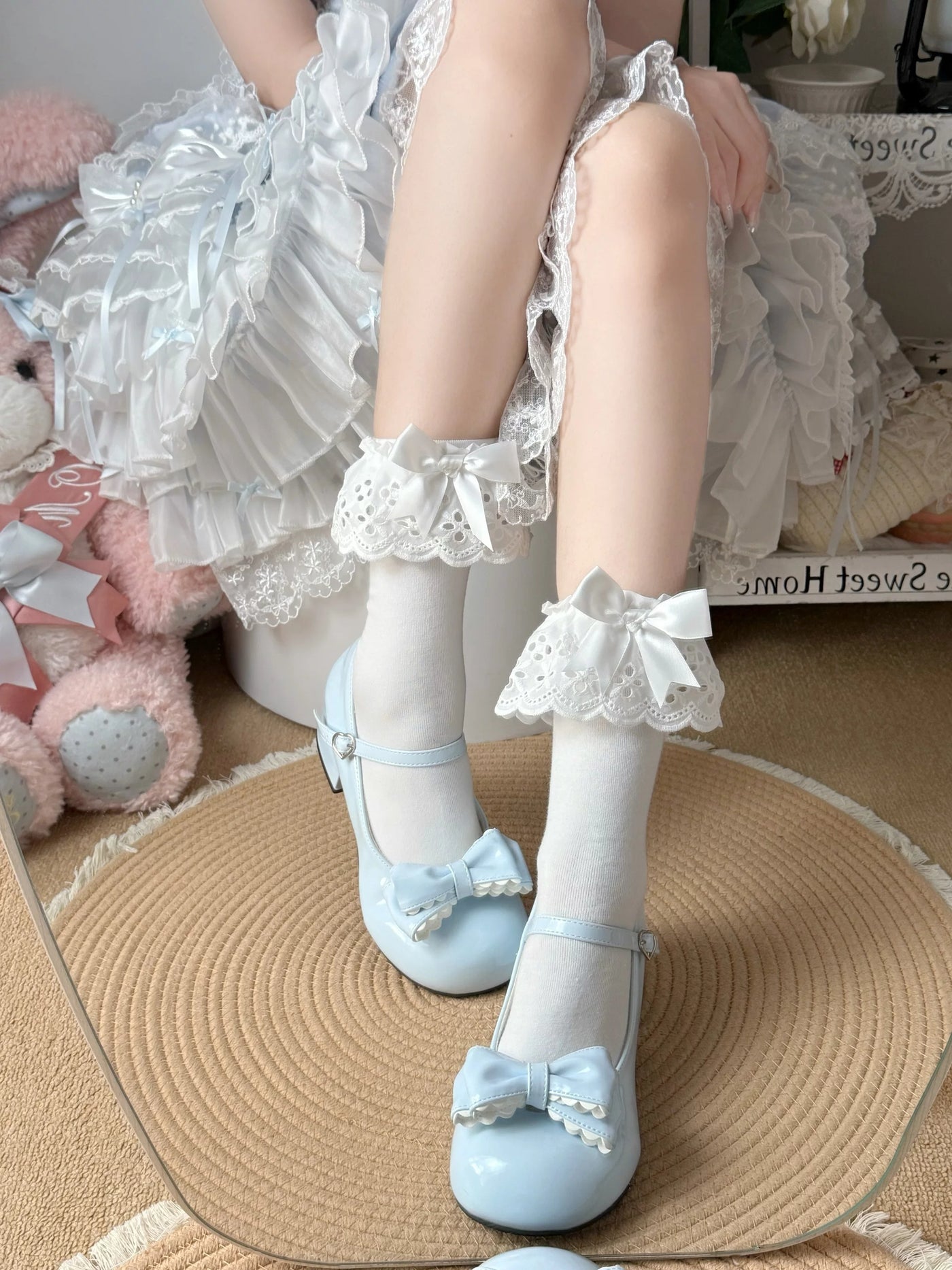 Fantasy Doll - Lace Bow - Cotton mid-calf socks with scalloped lace cuffs.