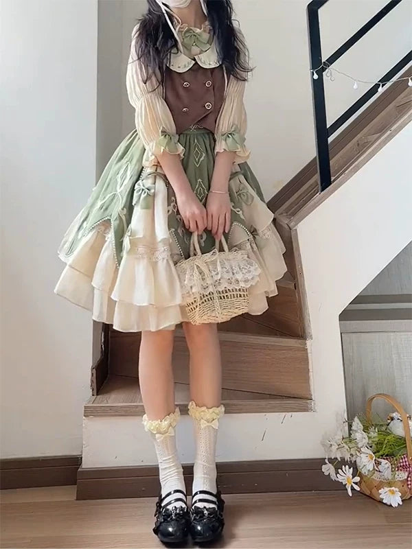 Creamy sage green, cream and brown vest, shirt and layered short skirt set