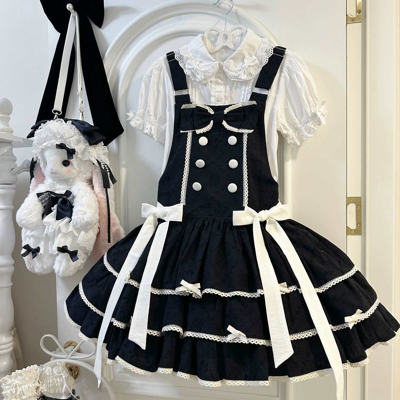 White Tea Story Mianmian Ice black and white tiered lolita jumper dress with suspenders and satin bow