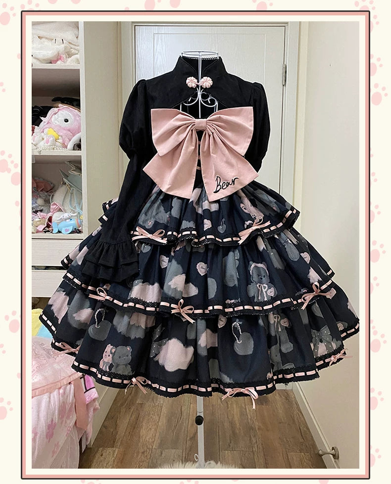 Baozi Pig - Teddy Bear Tiered - Three-Tier JSK Dress with Lace Edging
