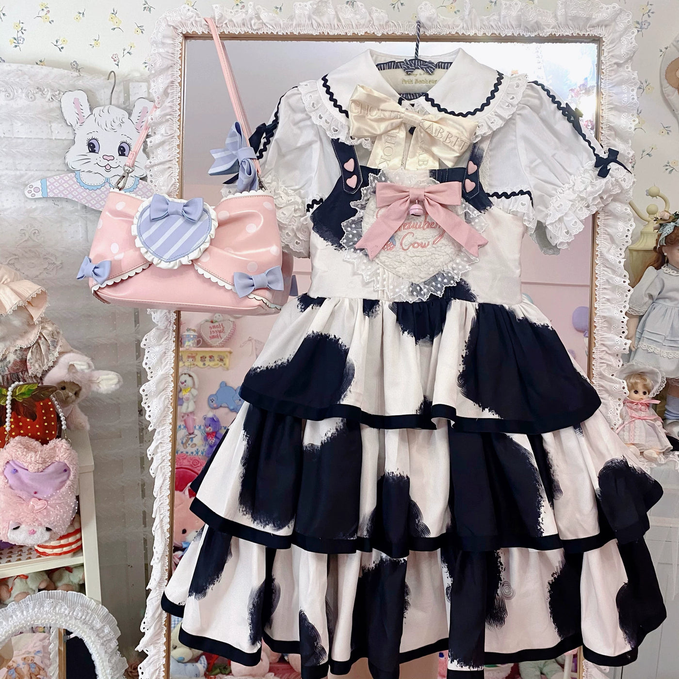 Tata Long Ear - Milk Cake Cow Print - Cow-Print JSK Dress with Three-Section Skirt