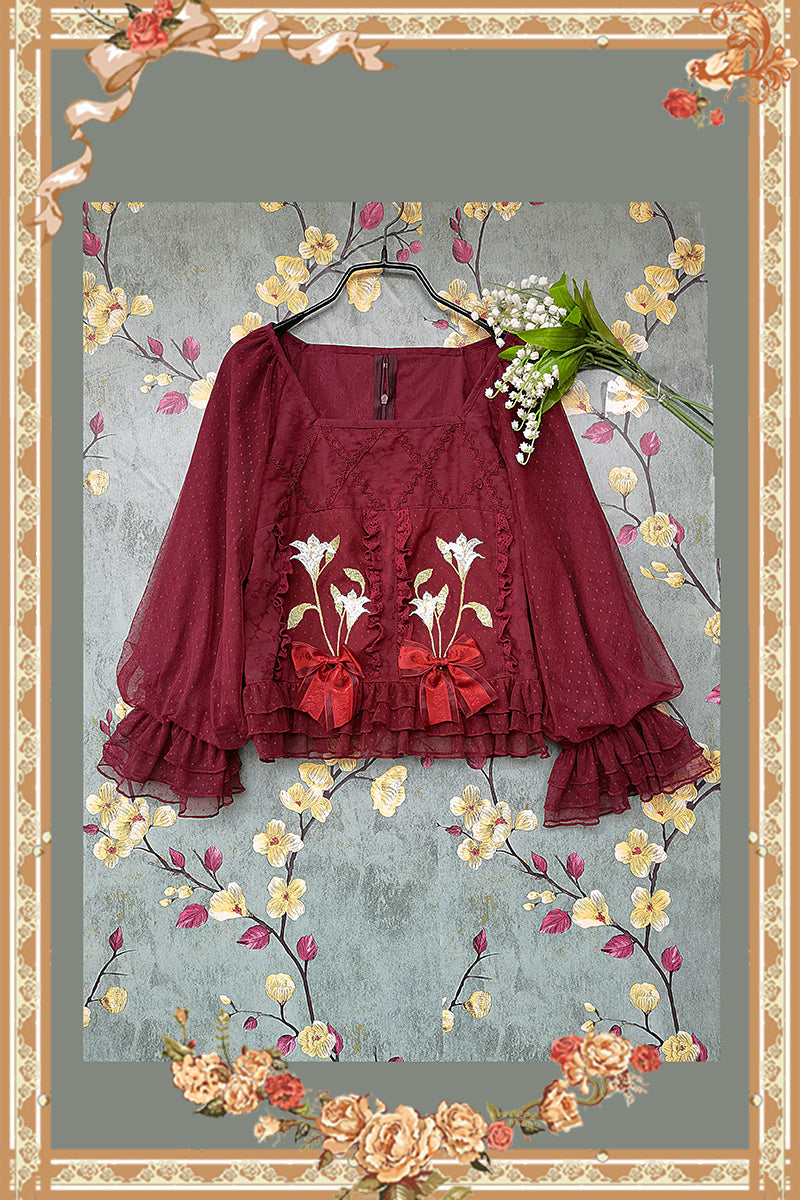 Melaleuca Lily - Embroidery Country Lolita Blouse and Skirt M red blouse