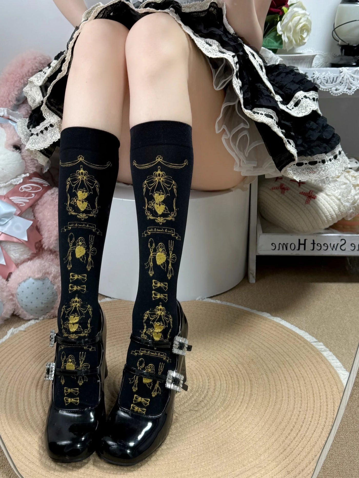 Fantasy Doll - Sweet Cartoon - White or black Lolita calf socks with ornate cartoon print