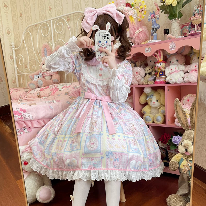 Lady Han Sweet Bunny Bear Lolita Fetch dress featuring a cute pastel-colored op dress with bunny and bear motifs, perfect for sweet lolita style.