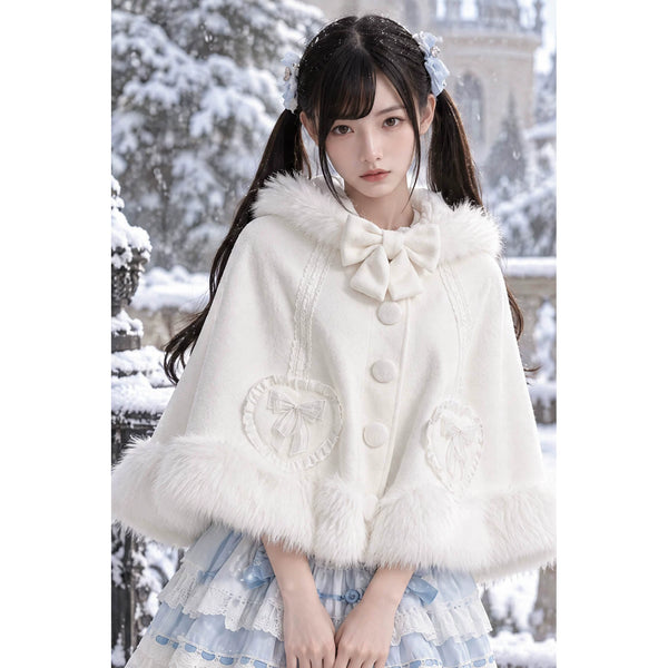 White Christmas bow Lolita cape shown worn, front view
