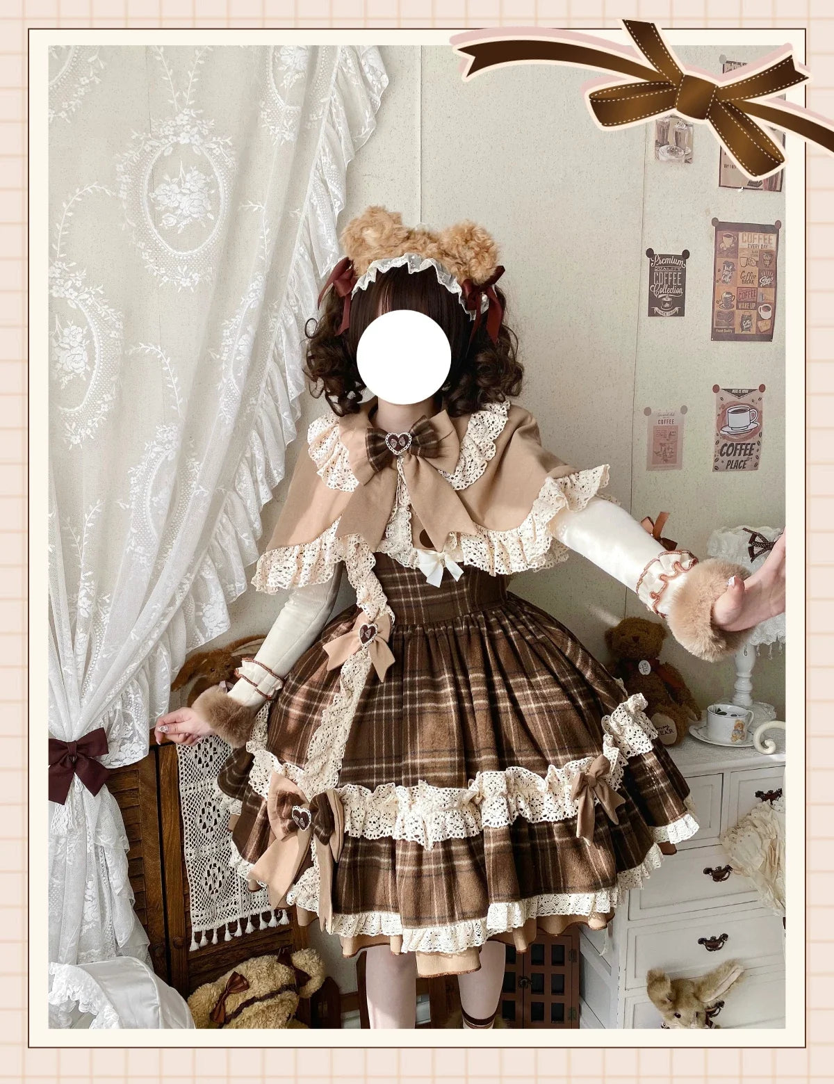 Qianmu - Choco Chestnut - Plaid Kawaii Lolita JSK Dress, Peter Pan Collar Cape