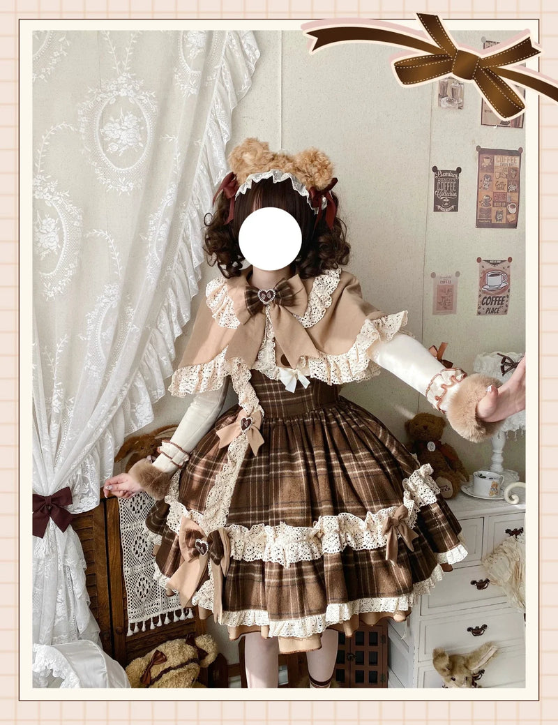 Qianmu - Choco Chestnut - Plaid Kawaii Lolita JSK Dress, Peter Pan Collar Cape