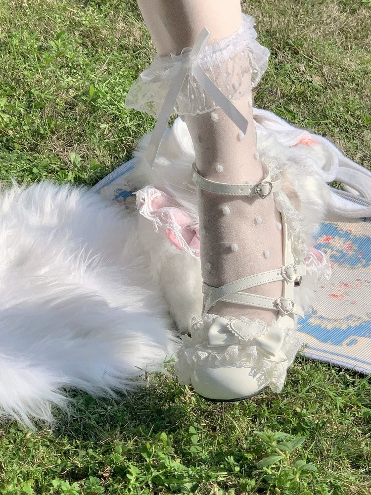 Fantasy Doll - Lace Bow - White or Black Mid-Calf Socks
