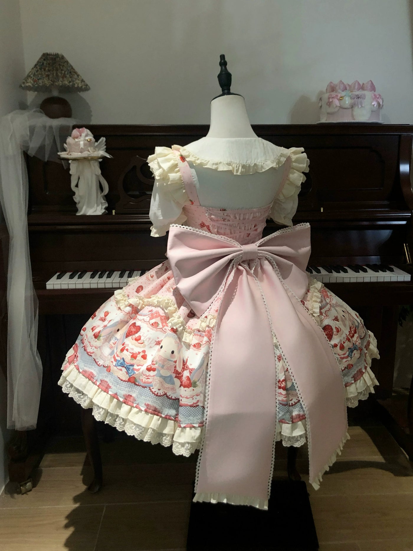 Bunny Party - Sweet Lolita JSK Dress, Cute Bunny & Cake Print Pink Trailing Bow Only S