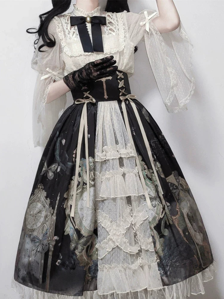 Your Princess - Clock Butterfly - Gothic Lolita Printed Blouse and Corset Skirt Set