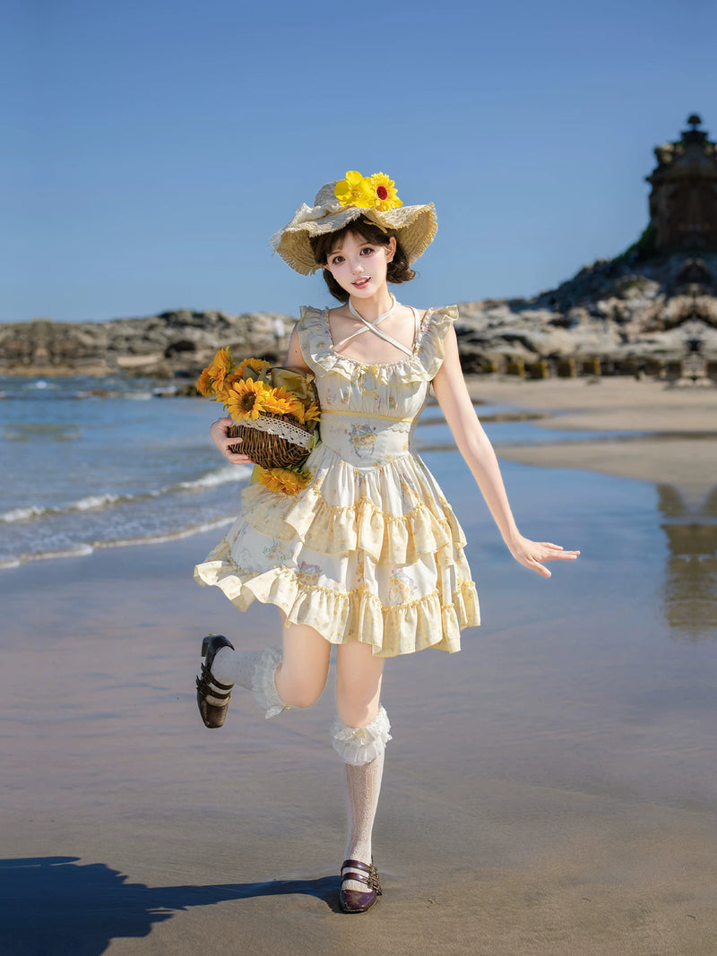 With PUJI - Small Sunflower - Classic Lolita JSK with Sunflower Print detail view 3