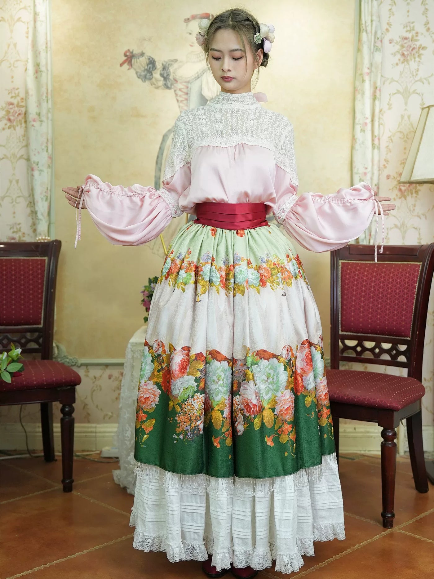 LACE GARDEN - Rainy Season Garden - Blouse and Full Skirt Set with Lace Yoke