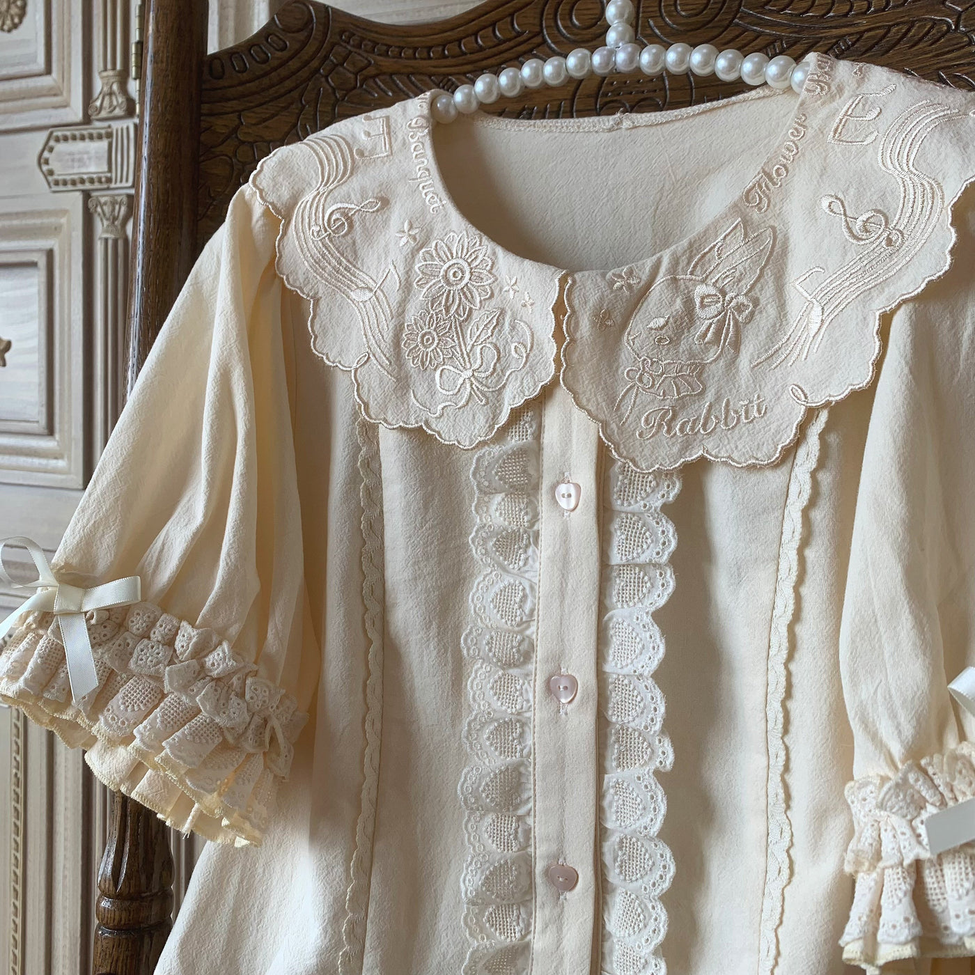 Flower Banquet - Bunny Embroidery - Kawaii Lolita cotton blouse with a doll-like collar - product detail 2
