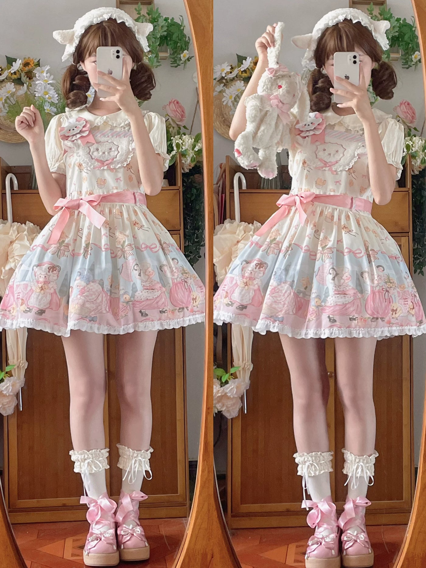 Cat Upon Cat - Sheep Waltz - Printed JSK with a Lace-Trimmed Hem