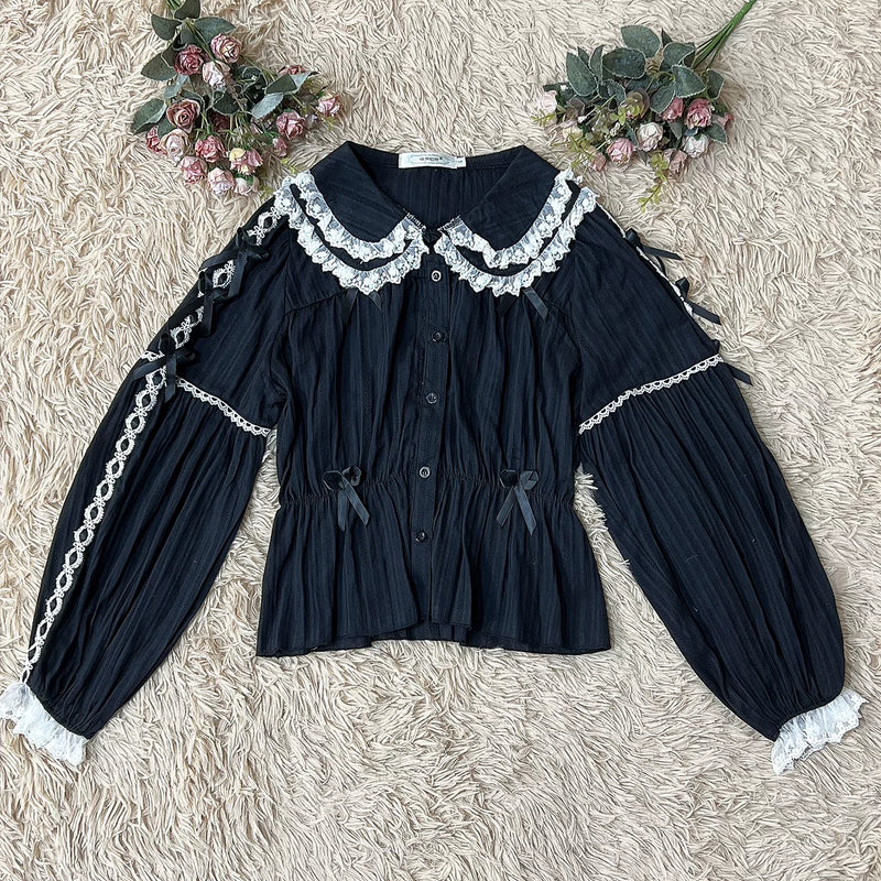 Autumn Hibiscus Cotton Peter Pan Collar Lined Blouse — Black with White Lace