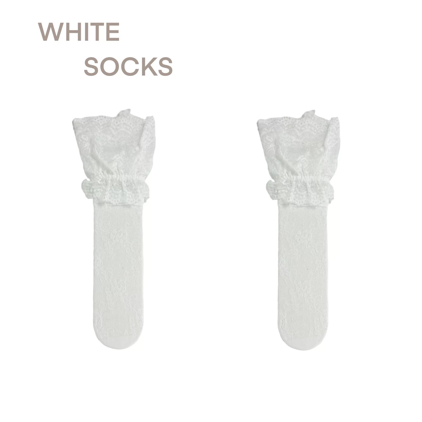 Sheer black mid-calf sock with floral lace cuff, scattered white dot and silver butterfly embellishments, styled with red Mary Jane ballet flats