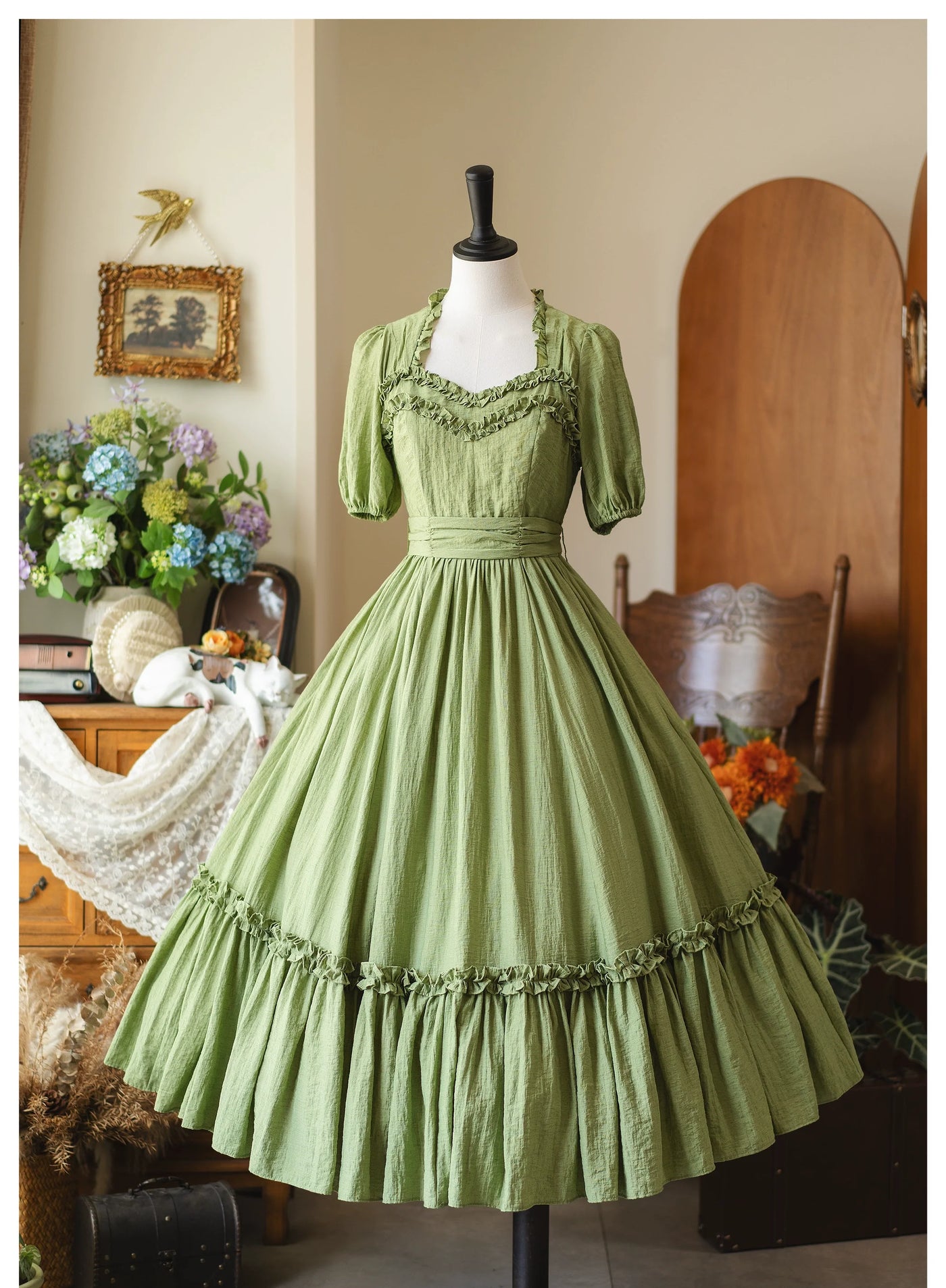 Forest Pastoral - Elegant Lolita Square Neck Long OP Avocado Green Dress S In Stock