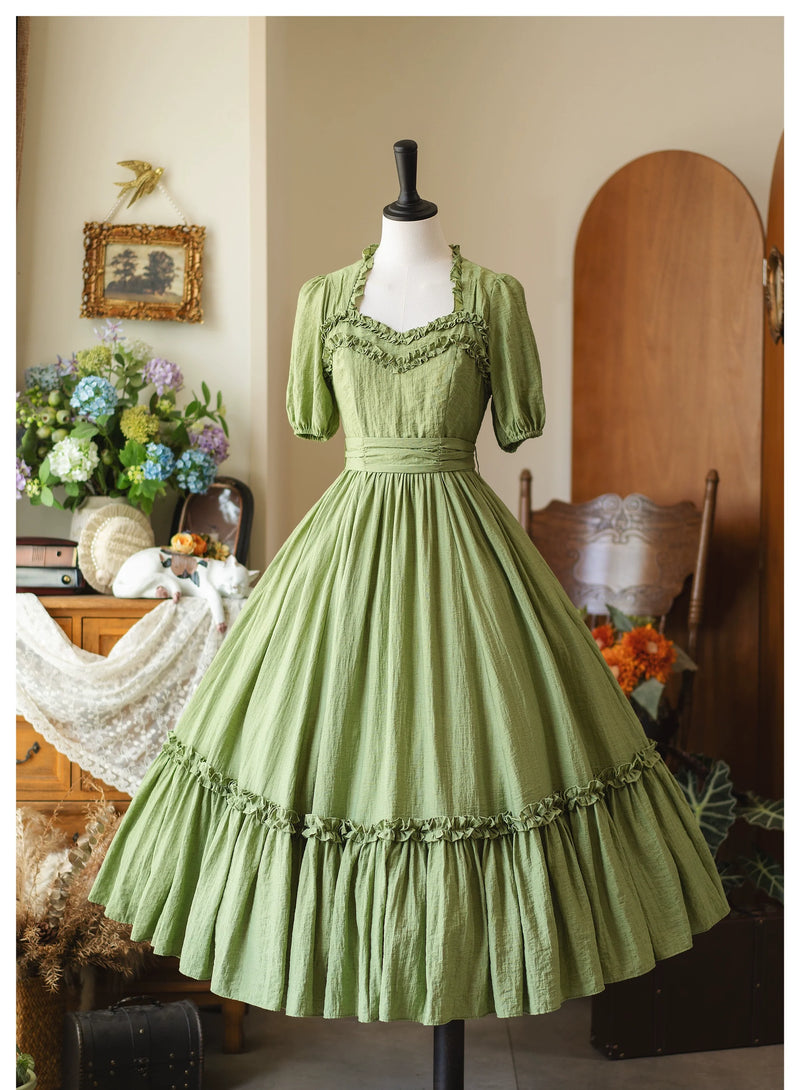 Forest Pastoral - Elegant Lolita Square Neck Long OP Avocado Green Dress S In Stock