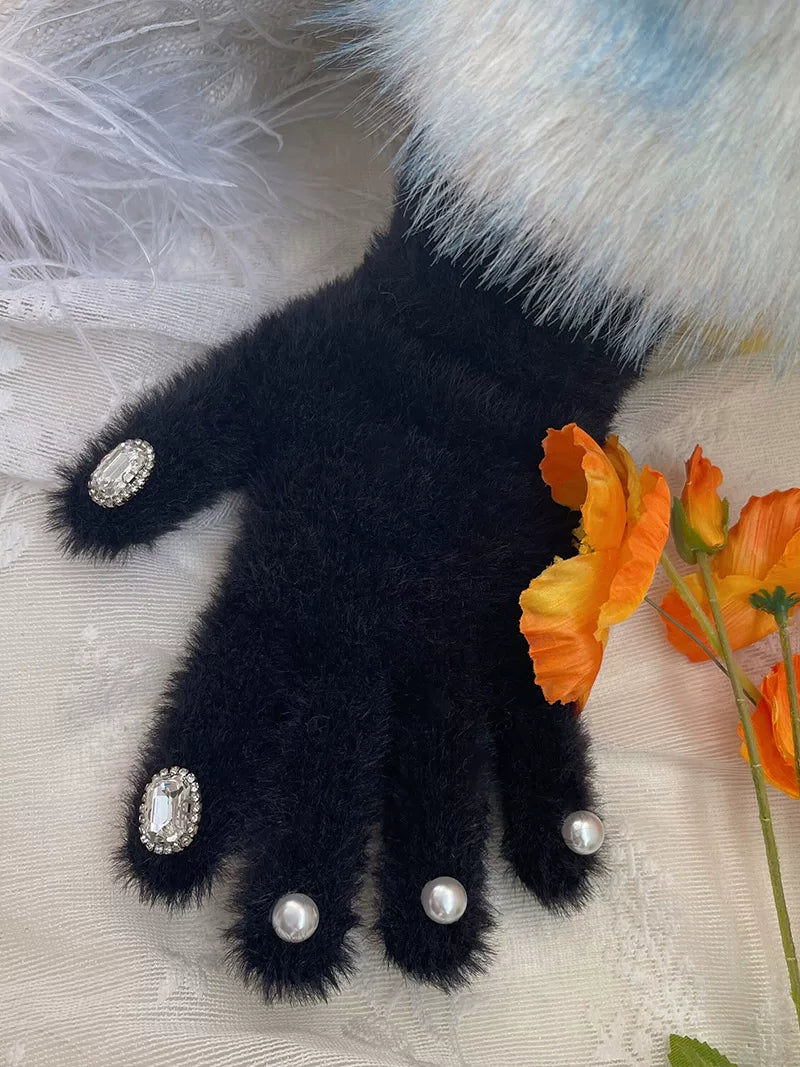 Sock Noble fuzzy five-finger glove with pearls and rhinestone details