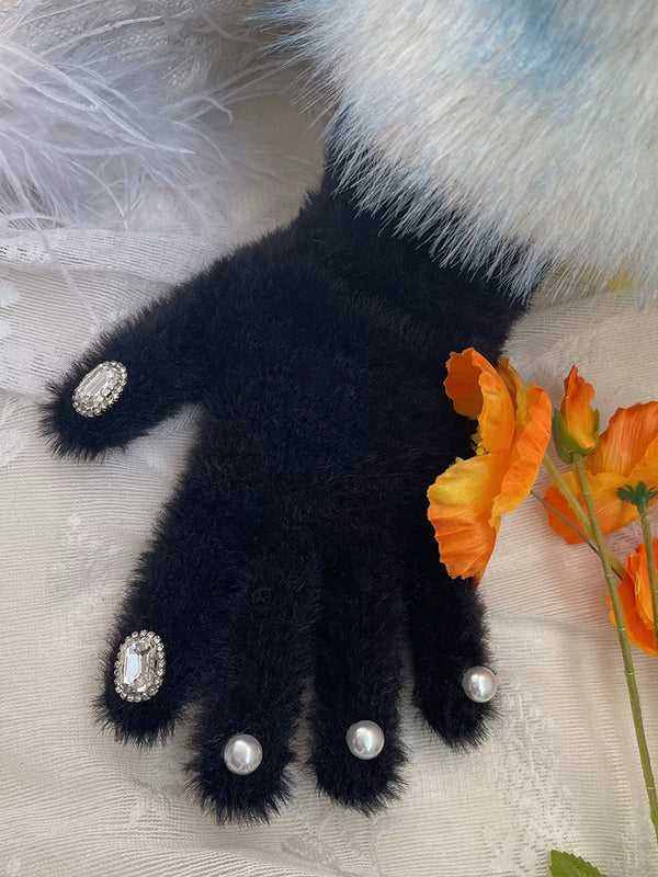 Sock Noble fuzzy five-finger glove with pearls and rhinestone details