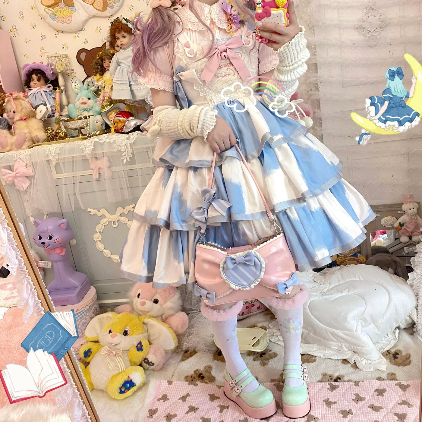 Tata Long Ear - Milk Cake Cow Print - Cow-Print JSK Dress with Three-Section Skirt