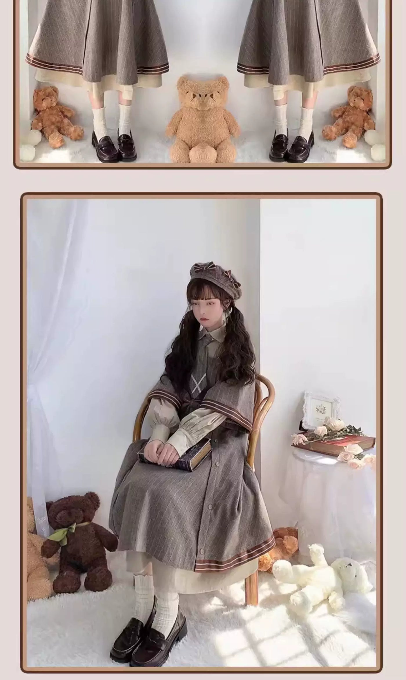 Baozi Pig - Detective Era - One-Piece Dress and Woolen Coat Set with Pinstripes
