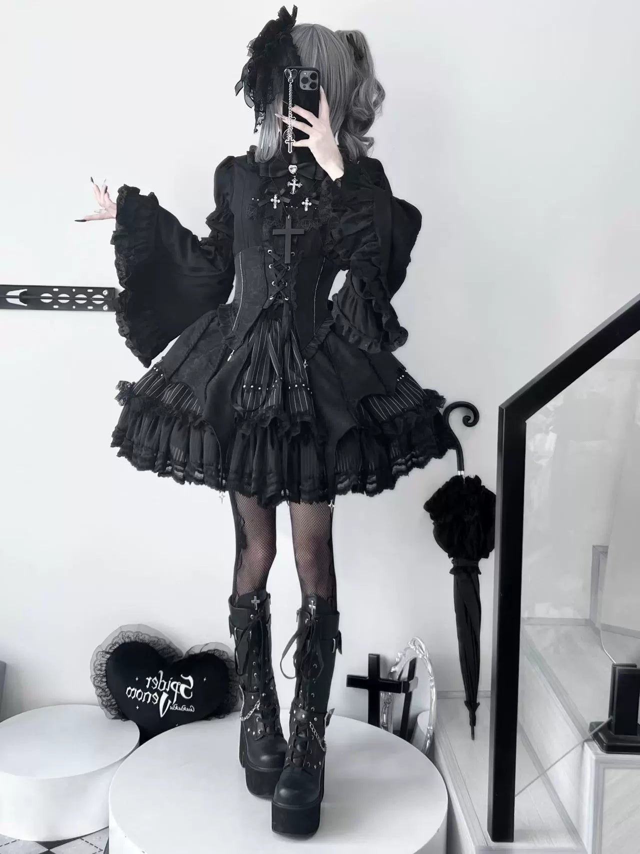 Twilight Song - Trace Bone - Black Gothic Lolita SK & Waist Cincher