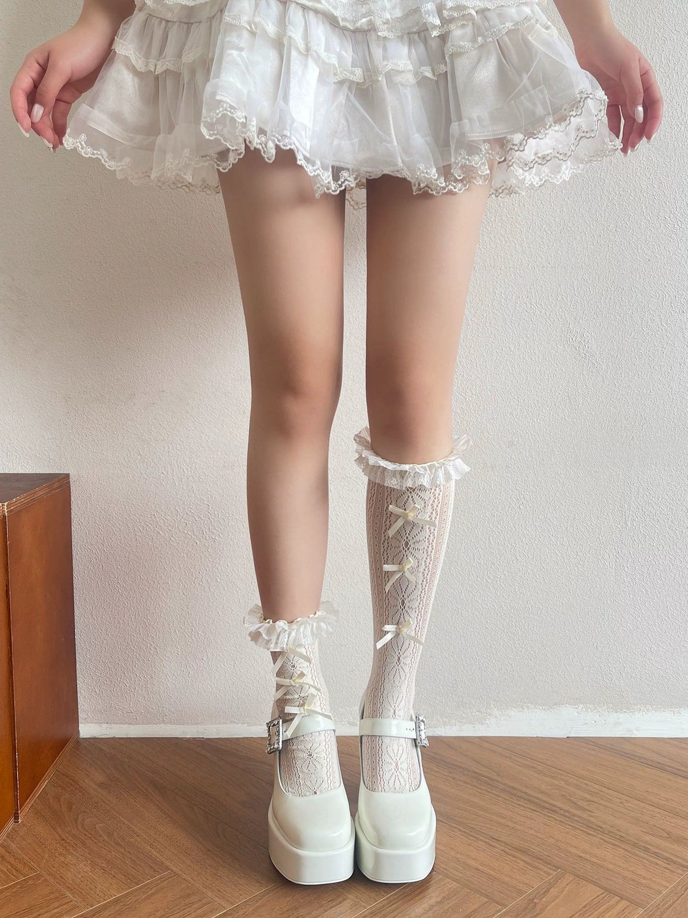 Sock Noble - Romantic Ribbon Lace - Calf Socks with Ruffled Bow Trim