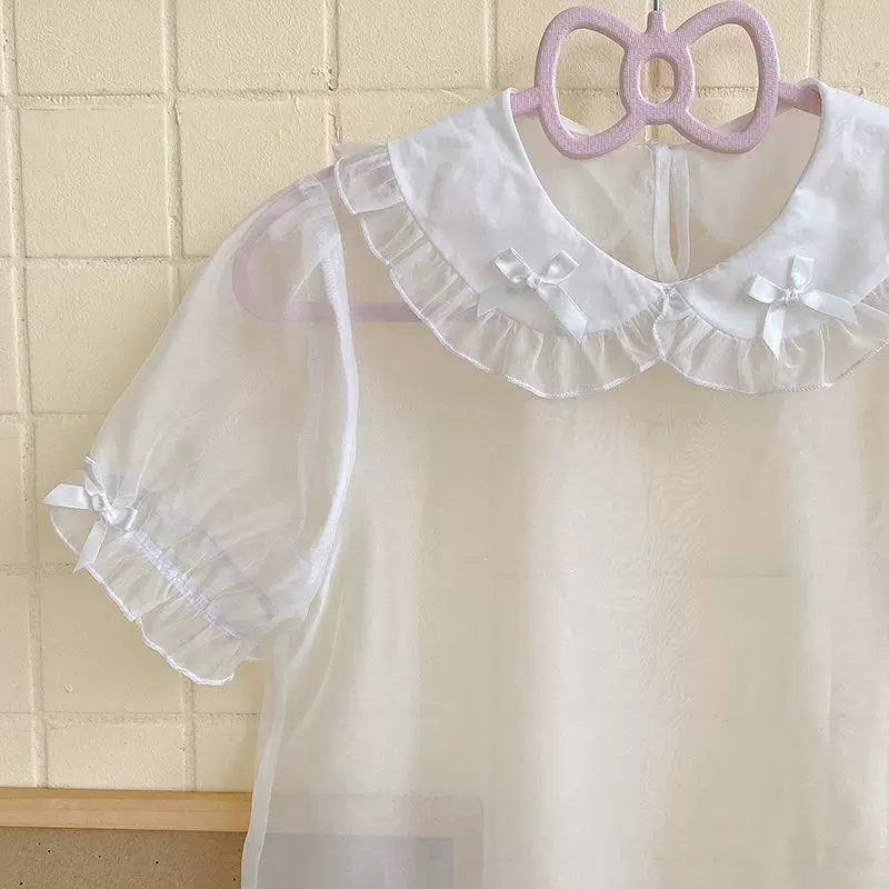Sweetheart Dream Machine - Cloud Collar - Sheer Short-Sleeve Peter Pan Blouse