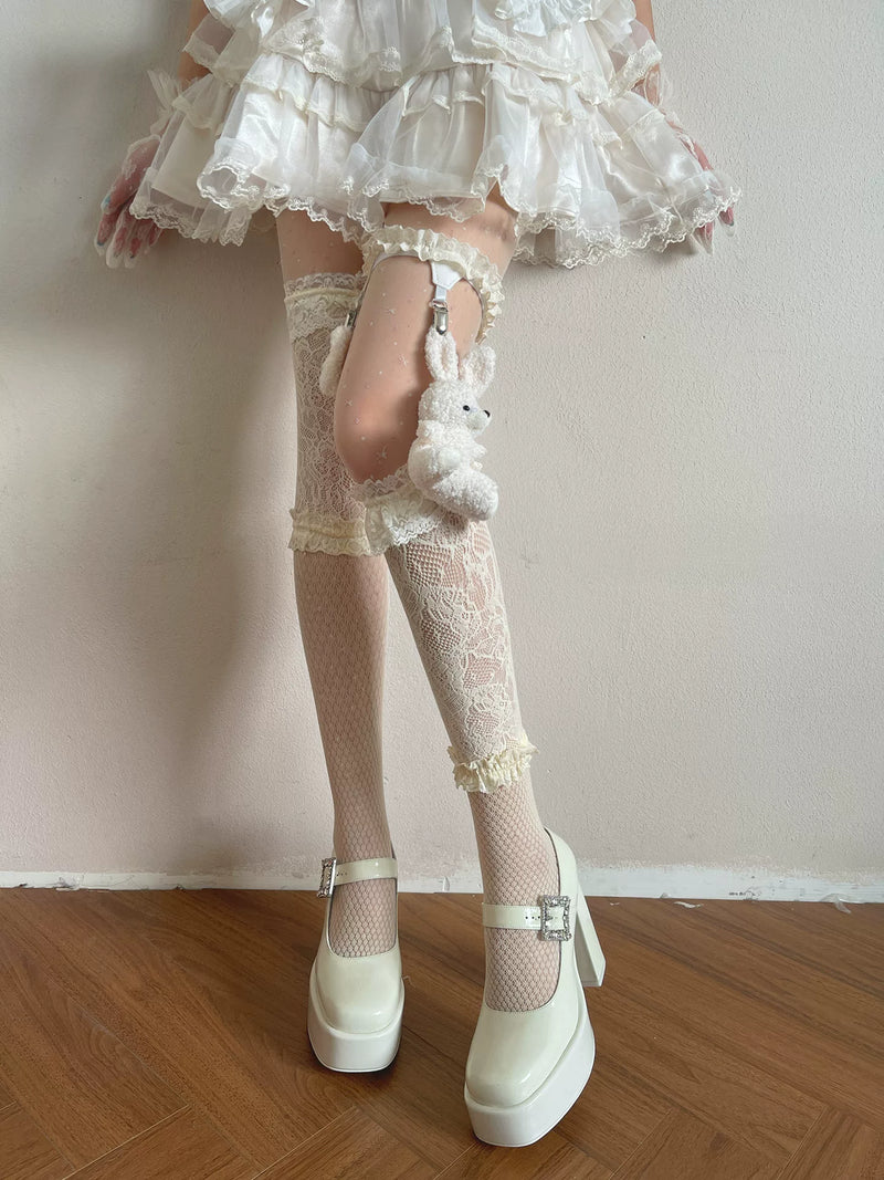 Sock Noble - Big-Eared Rabbit - Beige Tights and Lace Stockings with Rabbit Leg Ring