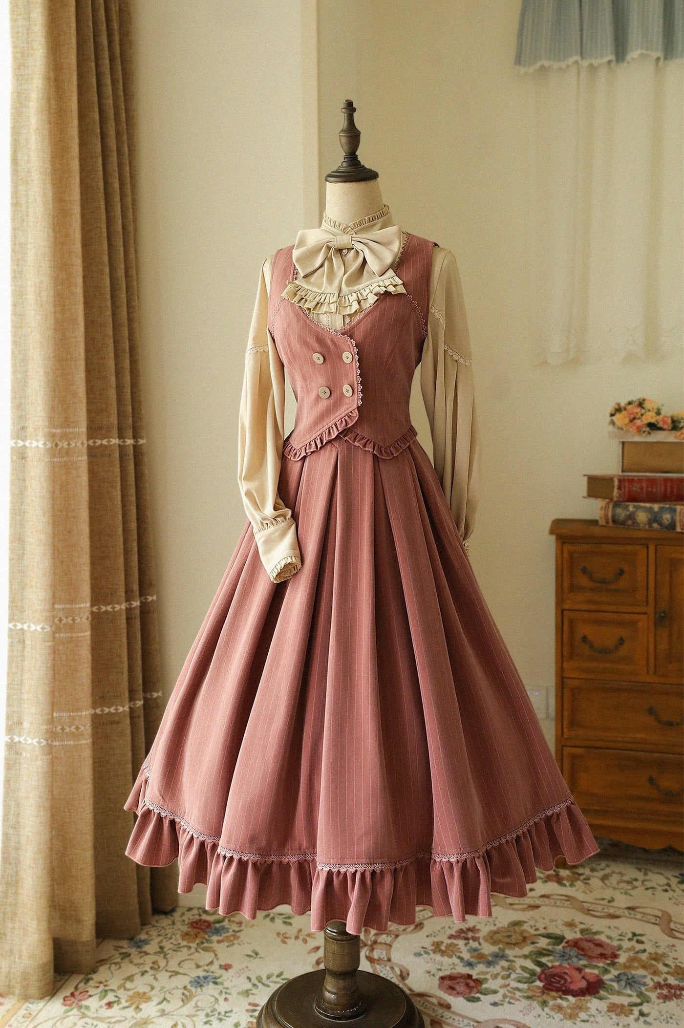 North of the Forest - Classic Lolita Striped Vest Skirt Set S Pink Vest In stock